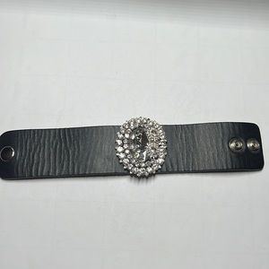 Rhinestone and leather black cuff wide bracelet handmade Etsy